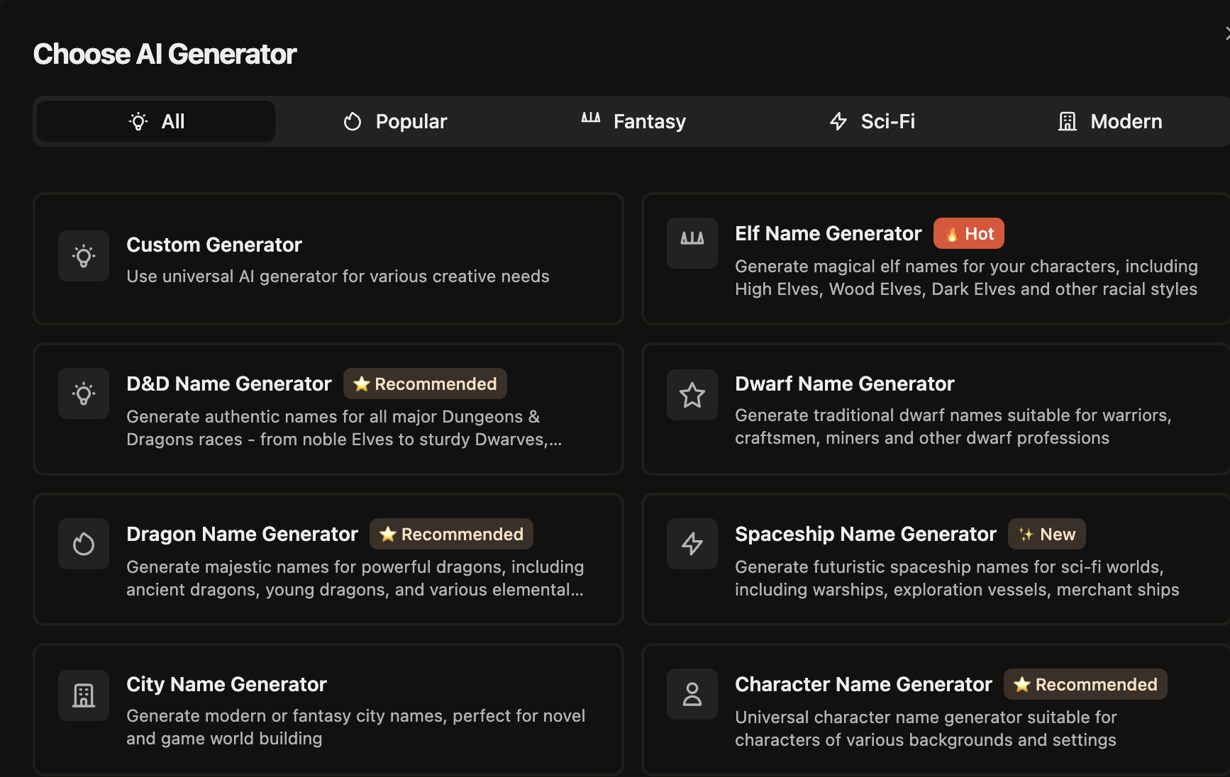 Choose your AI Fantasy Name Generator